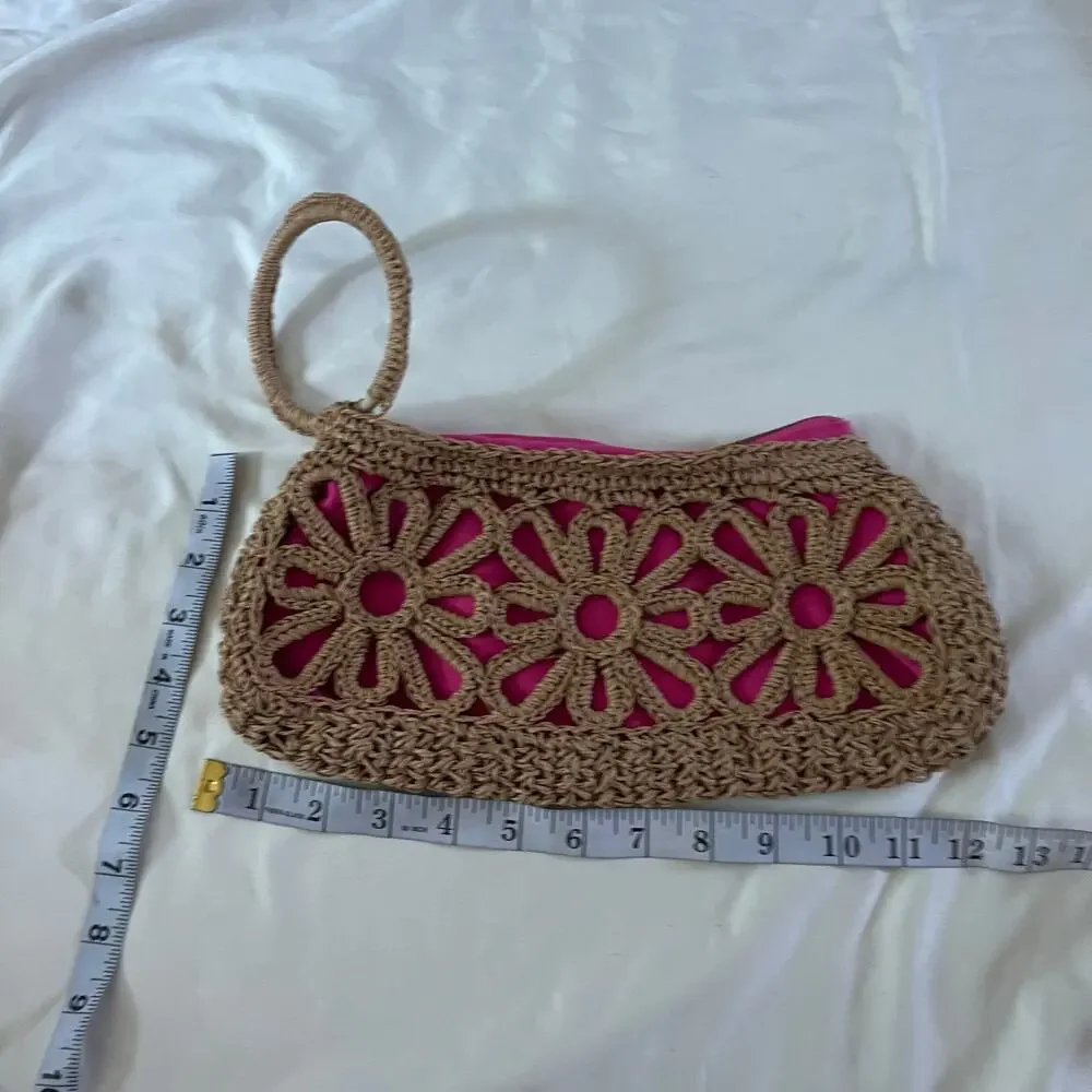Y2K 2000s Woven Wicker Floral Wristlet Purse Boho Cruise Resortwear
